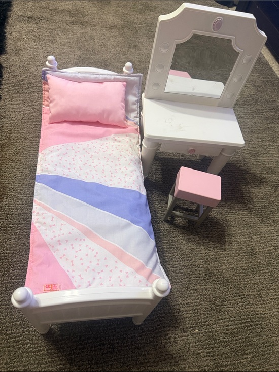 Our Generation Other - Our Generation Doll Bed and Dresser Set with Pink & Pastel Patchwork Quilt